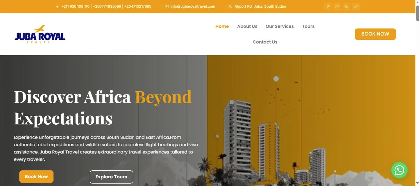 Juba Royal Travel website homepage designed by Premier Web Tech